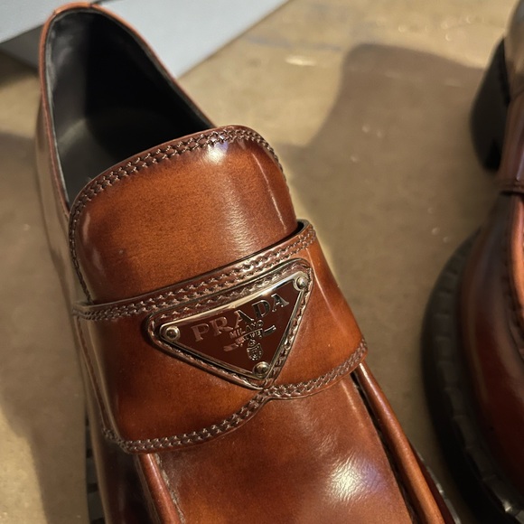 Prada Brown Leather Penny Loafers with Logo Plaque - Picture 4 of 8